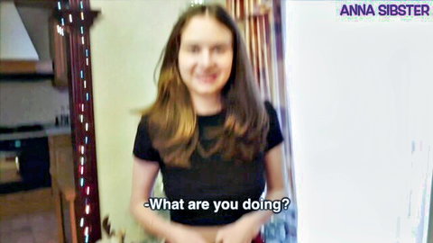 Cute stepsister Anna smiling in tight black top asking what are you doing in bedroom mirror selfie