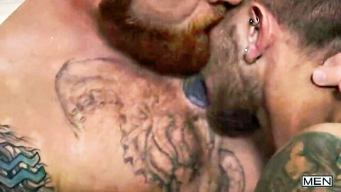 Jaxon and Bennet tattooed muscular men kissing passionately in steamy shower