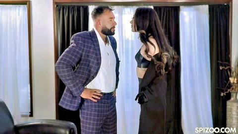 Sage Hunter in black lingerie and gloves dominates suited man