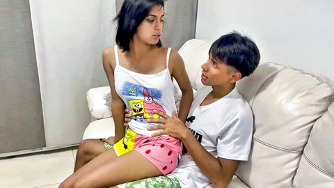 Indibigdick and skinny babe cuddling intimately in tank top and shorts