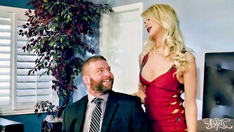 Aubrey Kate in revealing red dress stands over suited Colby Jansen