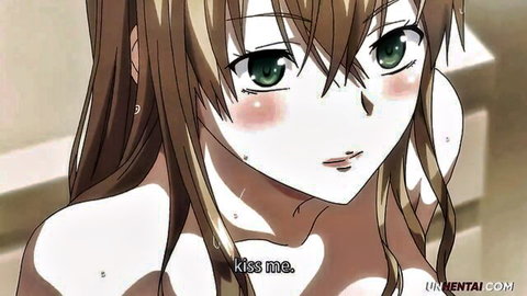 Blushing anime step-sister topless with long brown hair, green eyes begging for kiss
