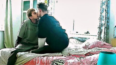 Skinny college guys passionately French kissing on bed in gay amateur video