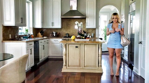 Curvy blonde with huge tits in skimpy blue mini dress teasing in kitchen