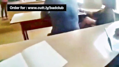 Brunette babe spreads legs exposing tight pussy for big cock in classroom