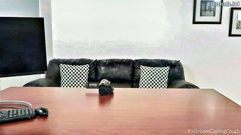 Empty backroom casting couch office setup with leather sofa and desk ready for amateur girl fuck auditions