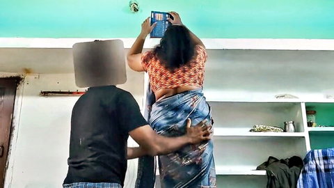 Desi MILF in saree groped by man from behind, teasing anal play