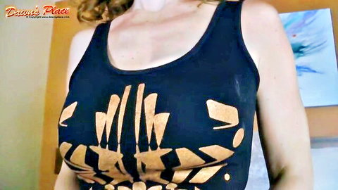 Posh MILF in emotional POV with teary eyes and cleavage in black tank top