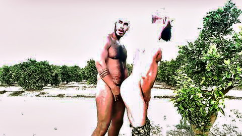 Muscular black man and white woman nude in outdoor interracial dildo play