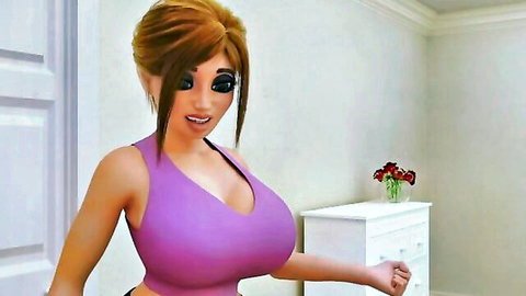 Kinky animated tattooed babe with huge tits in tight purple tank top