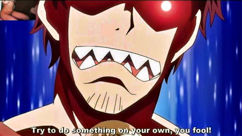 ferocious hentai demon male baring sharp fangs in menacing grin with glowing red eyes