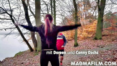 German amateur Doreen with pink hair teases chubby body outdoors with Conny Dachs