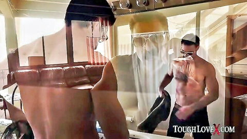 Muscular stepdad Karl shirtless in mirror with big-titted Latina Ella Knox