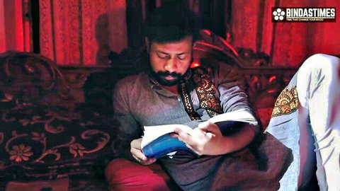 Indian step sonny reading book in traditional attire, real cougar step mummy scene