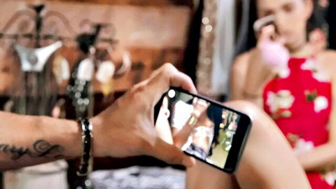 Tattooed Latina Gina Valentina in red dress for teasing selfie with Logan Long