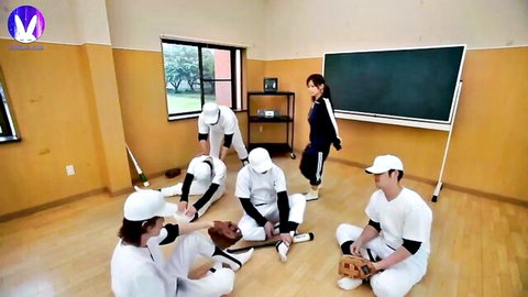 Minami Kojima surrounded by baseball club guys in uniforms, JAV group action