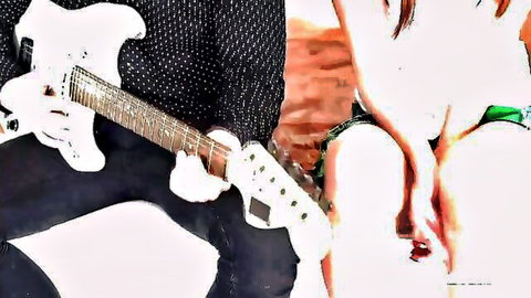Skinny fair teen flashes small tits and spreads legs near guitarist playing white guitar