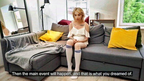 Blonde babe with tight body in off-shoulder top and striped stockings awaits main event