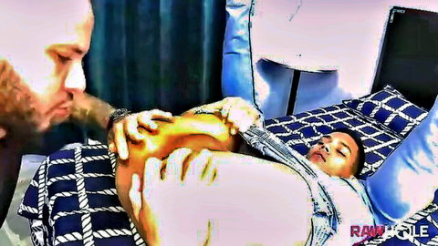 Bearded man rimming Latin bottom's ass in dominant leg-up position