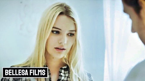 Blonde beauty in plaid shirt stares seductively at handsome stud in steamy intimate preview