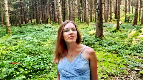 Luckylucy18 redhead in blue dress, teasing in forest for outdoor POV blowjob