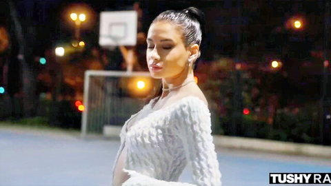 Sporty Asian teen in wet white dress at night basketball court, TUSHY RAW anal threesome teaser