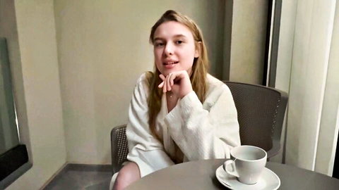 Blonde Aussie actress in robe teases with huge tits before deep cock pounding