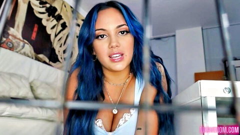Princess Nika blue-haired beauty in lace lingerie, seductive gaze from behind bars