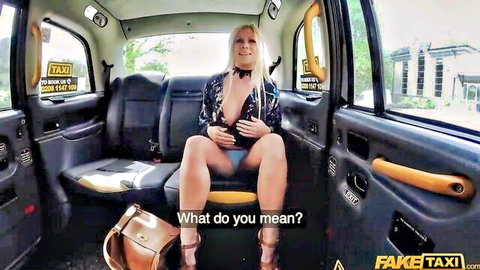 Blonde MILF in taxi with legs spread, short dress up exposing pink pussy