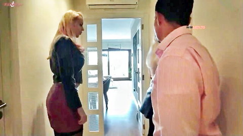 Blonde KikiVega in heels and mini skirt dirty talks with suited man