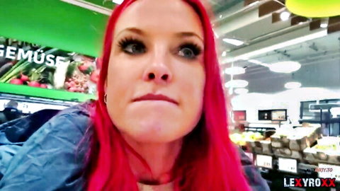 LexyRoxx tattooed redhead in POV supermarket tease, deep dicking