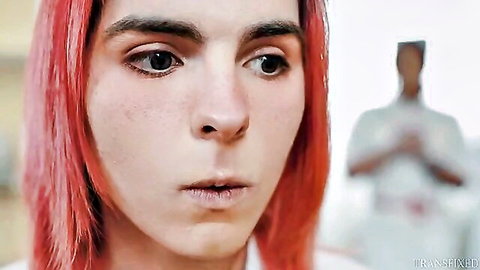 Pink-haired tranny doctor with intense gaze dominates in shower scene