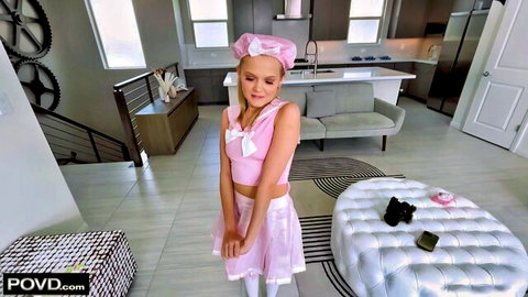 Coco Lovelock in cute pink cosplay outfit, petite blonde posing seductively