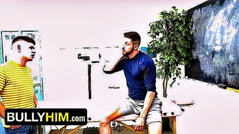 Bearded athletic guy spreads legs on massage table while buzzcut stud watches in gay locker room