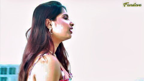 Sexy Indian babe in red dress, profile view with long hair and jewelry