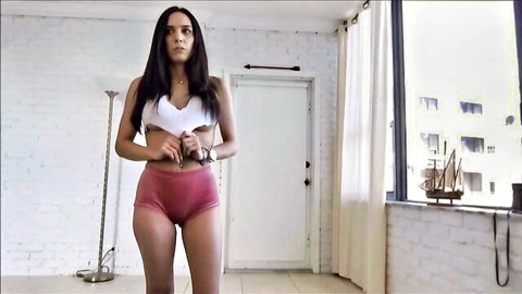 Curvy flexible cougar mom in white crop top and red hot pants teases for hardcore sex
