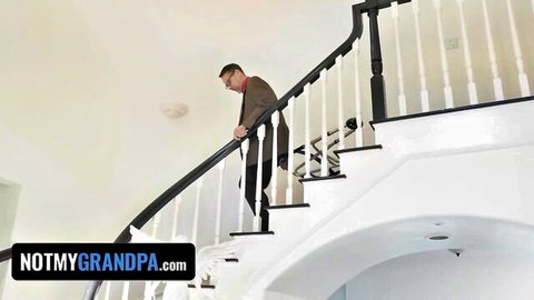 Silver fox DILF in suit climbs grand staircase teasing taboo old young fuck.