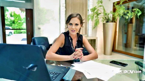 Brunette MILF office boss with small tits sits at desk in POV teasing for naughty fuck