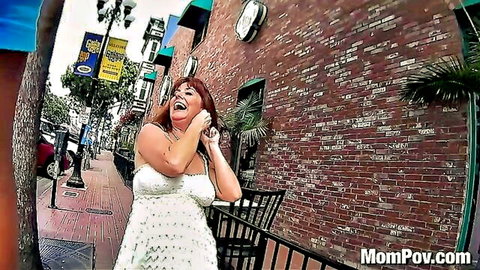 Scarlett ex-NFL Cheerleader MILF laughs in sparkly white dress outdoors