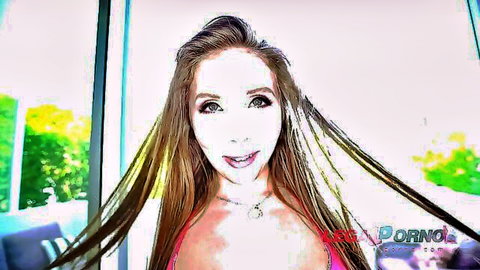 Lena Paul smiling in pink top, long brown hair, teasing porn preview