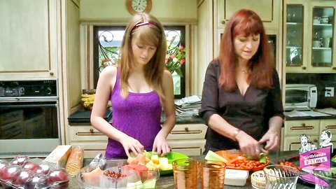 Faye Reagan and redhead mature in steamy kitchen prep, lesbian tease