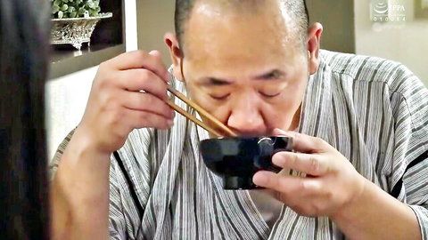 Bald Japanese DILF in striped yukata slurping noodles from bowl hungrily