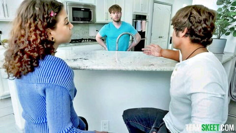 Nicole in kitchen chat with hot babes before first group sex adventure