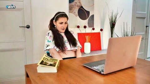 Pearl in seductive white top at desk, stepdad's slut fantasy tease