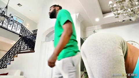 Quinton James stands behind Sheena Ryder's big ass in tight gray leggings, Brazzers tease