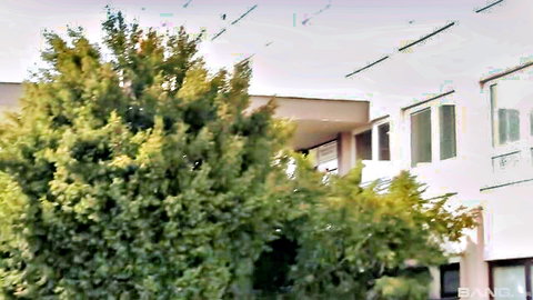 Lush green bushes in front of beige multi-story building with windows