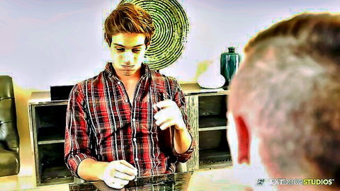 Young fair brunette in open plaid shirt holds joint while older man watches intimately in gay teaser