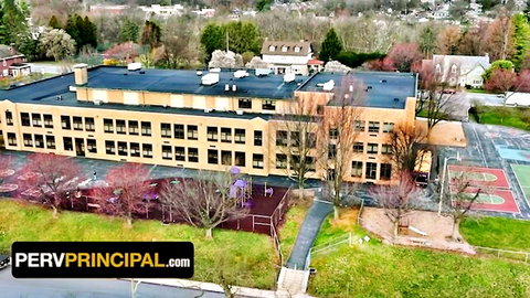 Aerial drone view of pervy principal school building playground no nudity