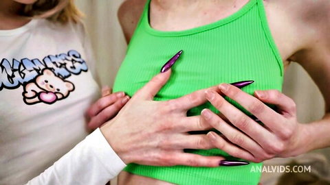 Busty girl in tight green top gets her perky tits groped by pale hands with long purple nails