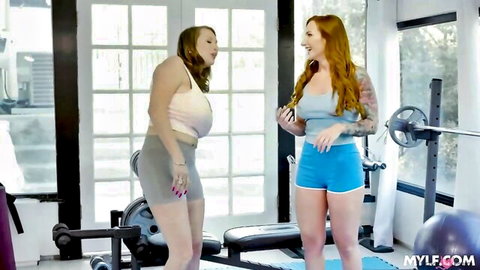 Two busty MILFs in tight gym wear before wild threesome